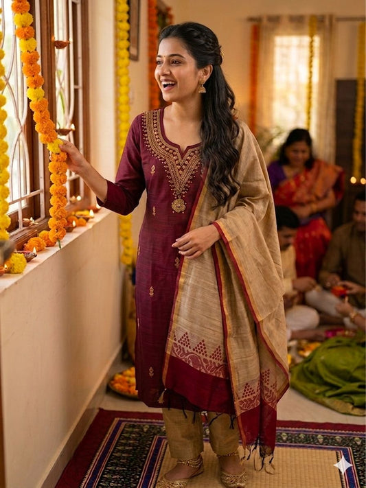 Raw silk three piece Kurthi set